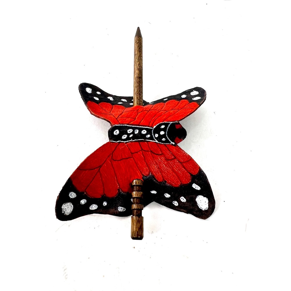 Hand Painted Leather Butterfly Hair Slide with Wooden Stick Red Black Monarch